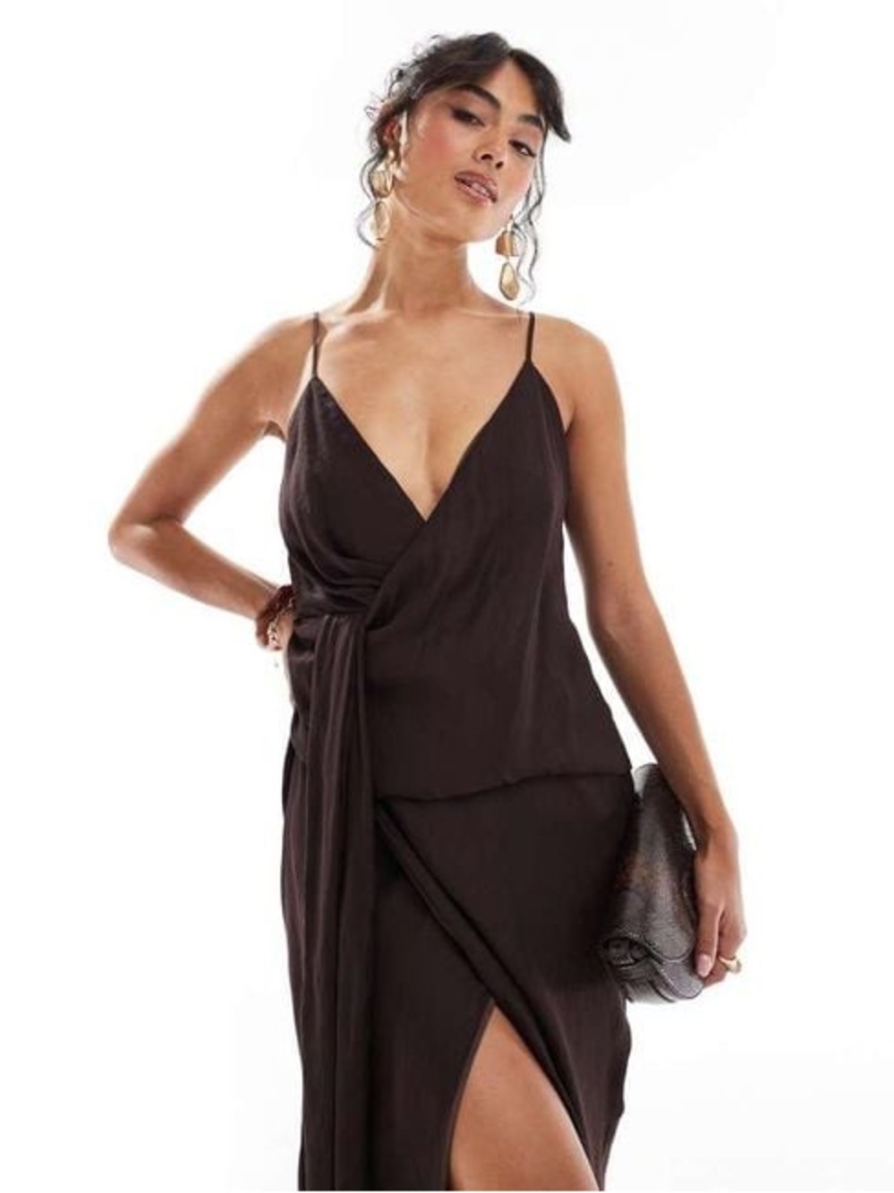 ASOS Brown Cami Strap Drape Tuck Midi Dress 6